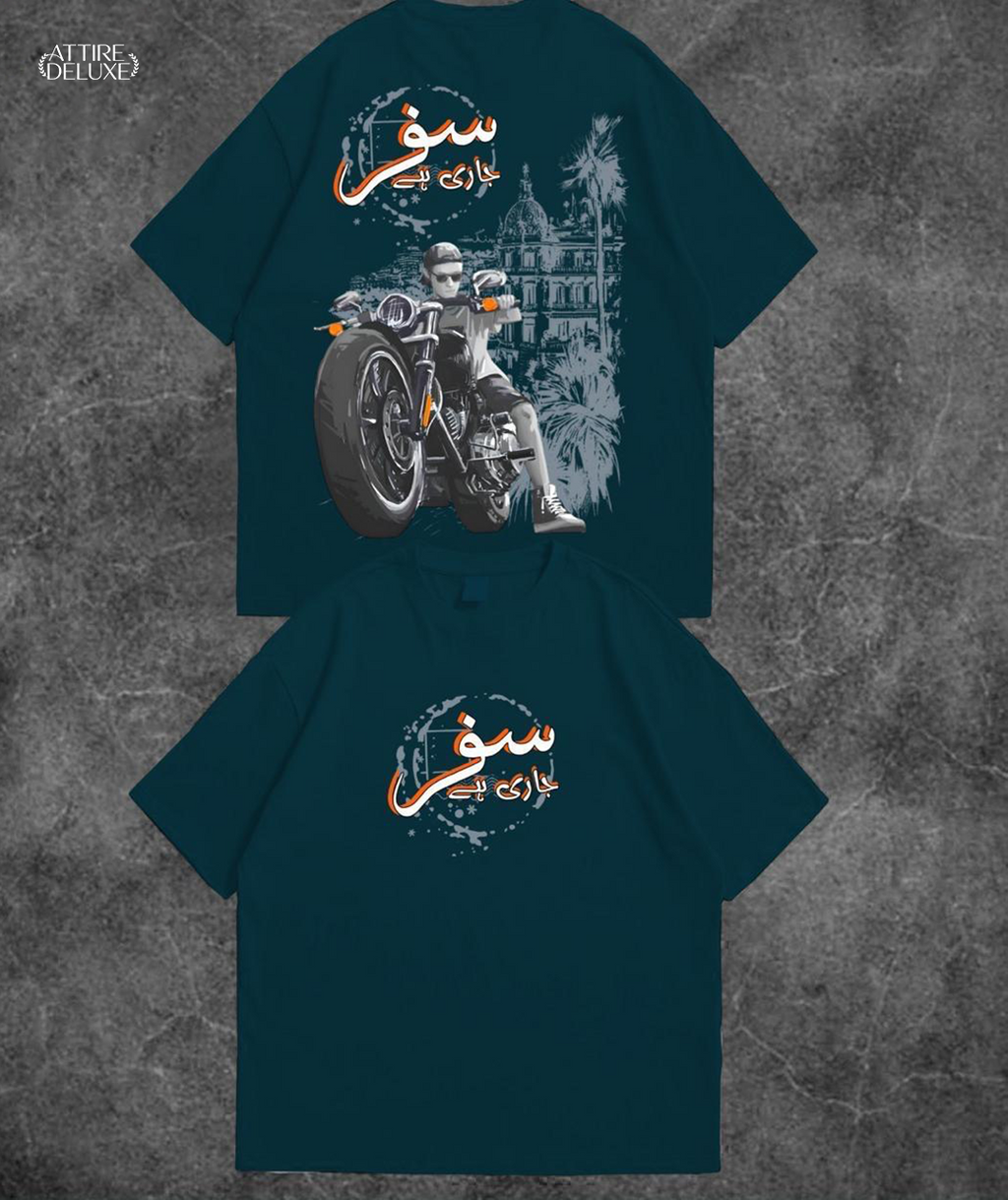 "Urban Rider Drop Shoulder Tee – سفر جاری ہے Endless Journey Streetwear Edition"
