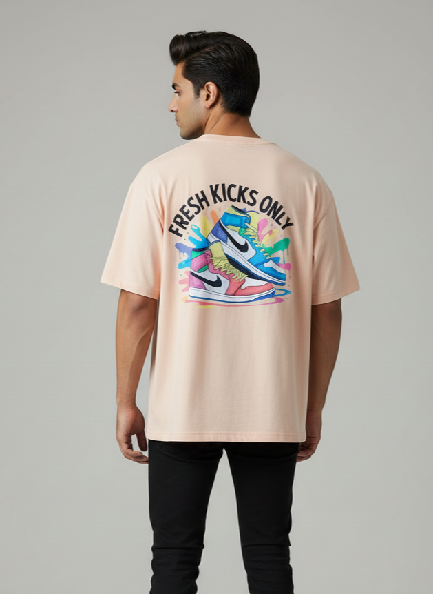 Fresh Kicks Only Oversized Drop Shoulder T-Shirt for Men | Vibrant Streetwear Tee with Colorful Sneaker Art for Trendy Everyday Style
