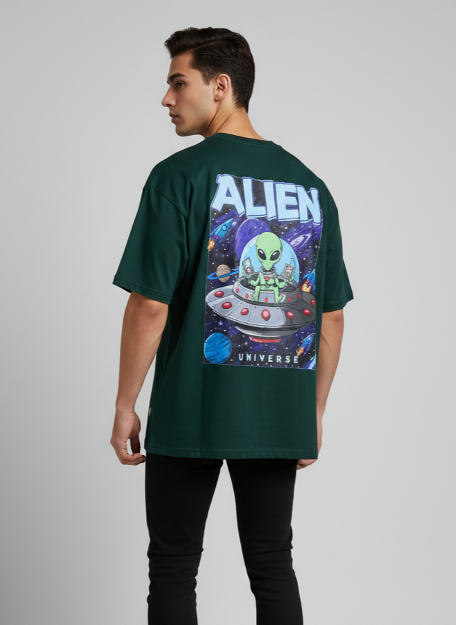 Cosmic Alien Invasion Oversized T-Shirt | UFO Space Graphic Drop-Shoulder Tee